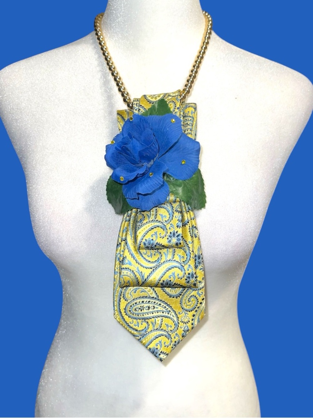 Blue Floral Accent Necklace with Yellow Paisley Pendant